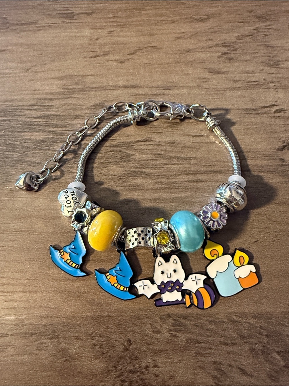 Cute Halloween Charm Bracelet - Yellow & Teal Beads Stainless Steel